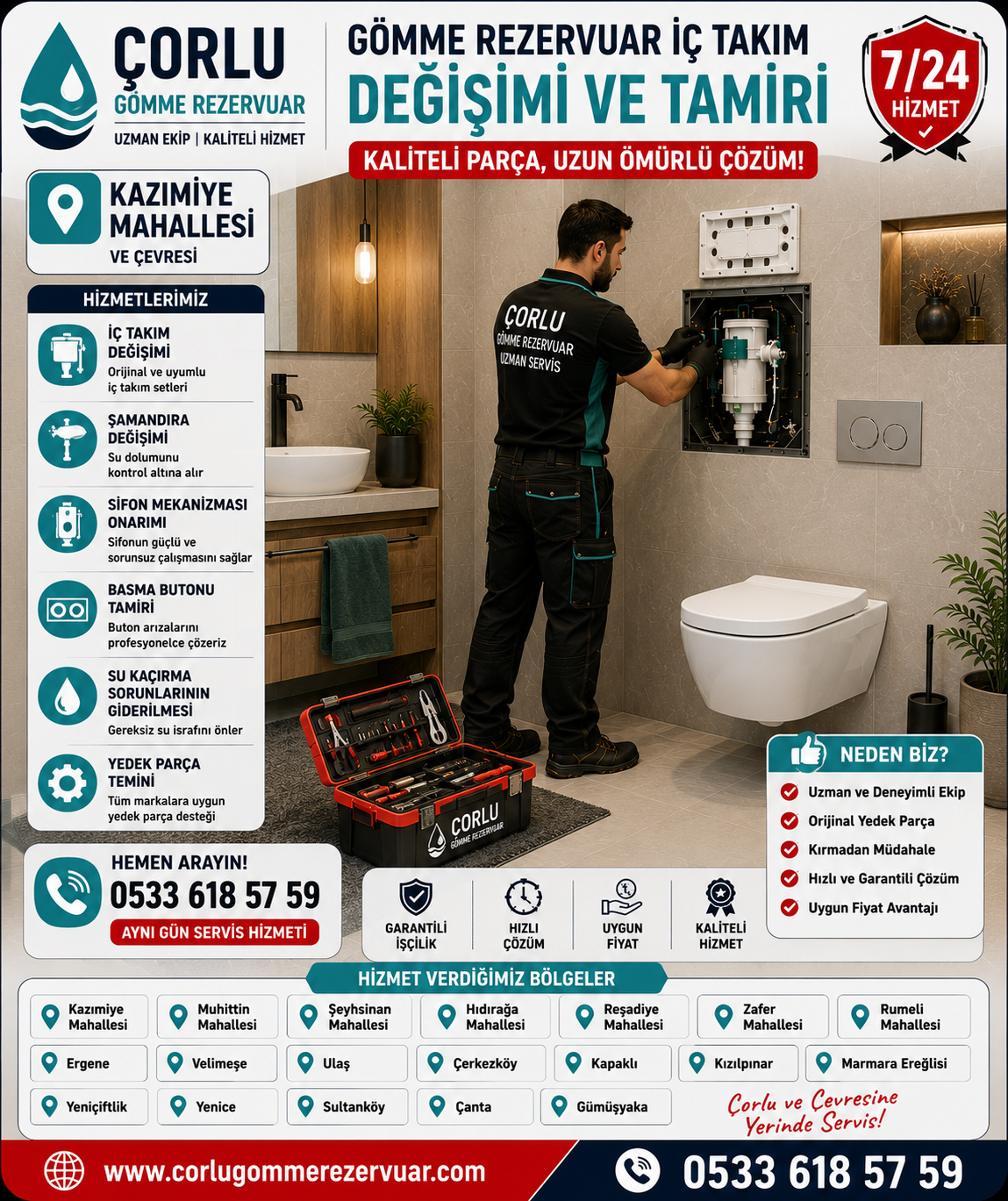 Çorlu Kazımiye Mahallesi Gömme Rezervuar İç Takım Değişimi ve Tamir Hizmeti